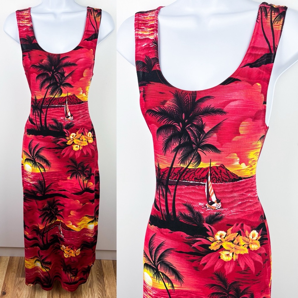 Vintage Y2K 90s Tropical Sunset Palm Tree Hawaii Aloha Red Bodycon Maxi Dress